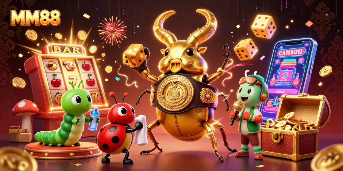 Experience excitement at MM88 with a giant golden stag beetle, vibrant casino elements, and dynamic jackpot explosions!