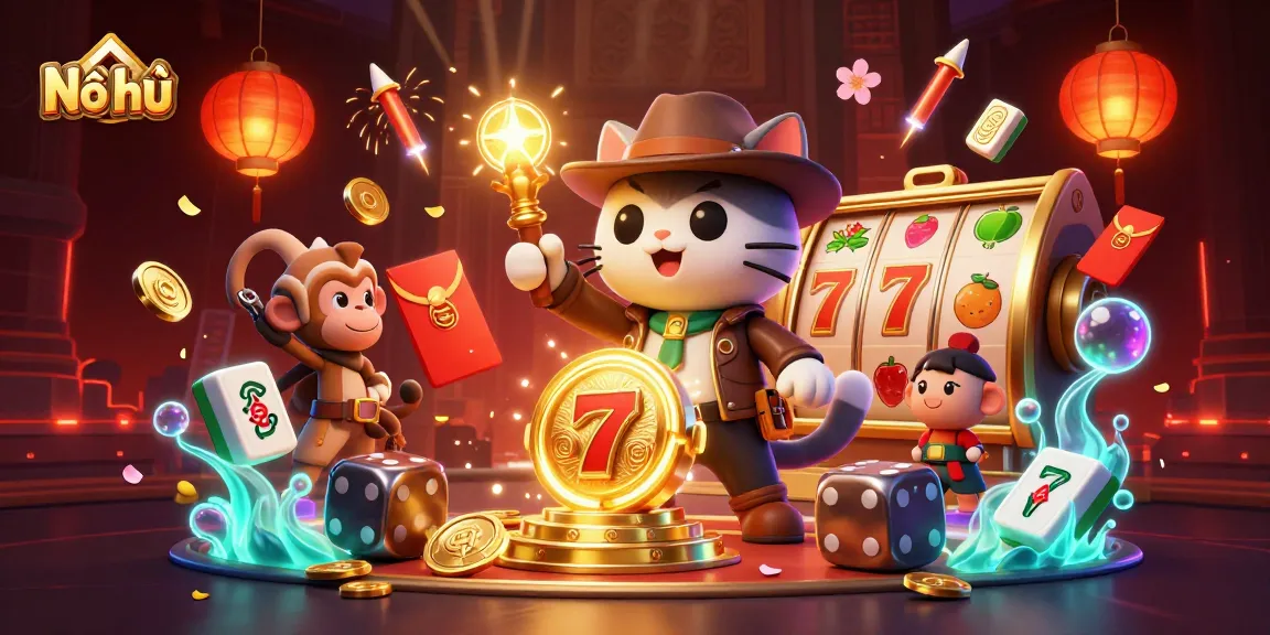 Nổ hũ slot game highlights with an explorer cat and a treasure monkey in a vibrant, animated scene.