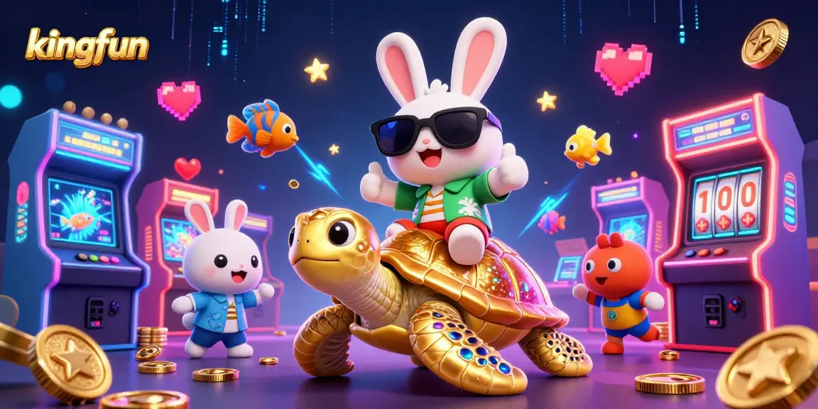 Spin and win at kingfun with a lucky rabbit and a golden turtle in a vibrant casino scene.