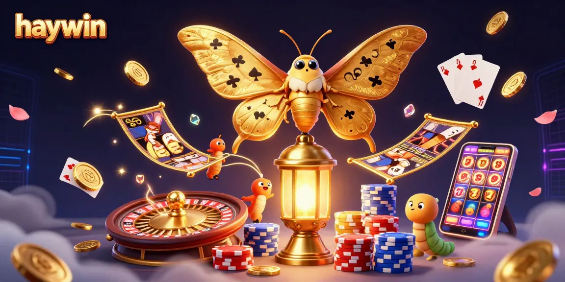 Experience haywin's dynamic casino world with golden moths, coins, and slot treasures.