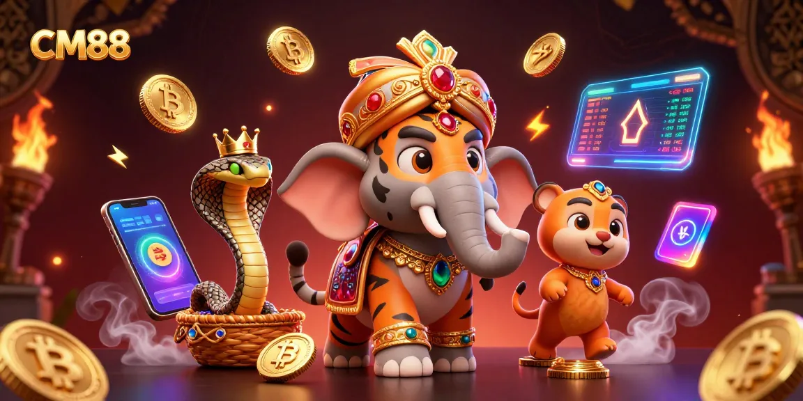 Experience thrilling gaming adventures with CM88's vibrant casino illustration featuring dynamic characters and elements.