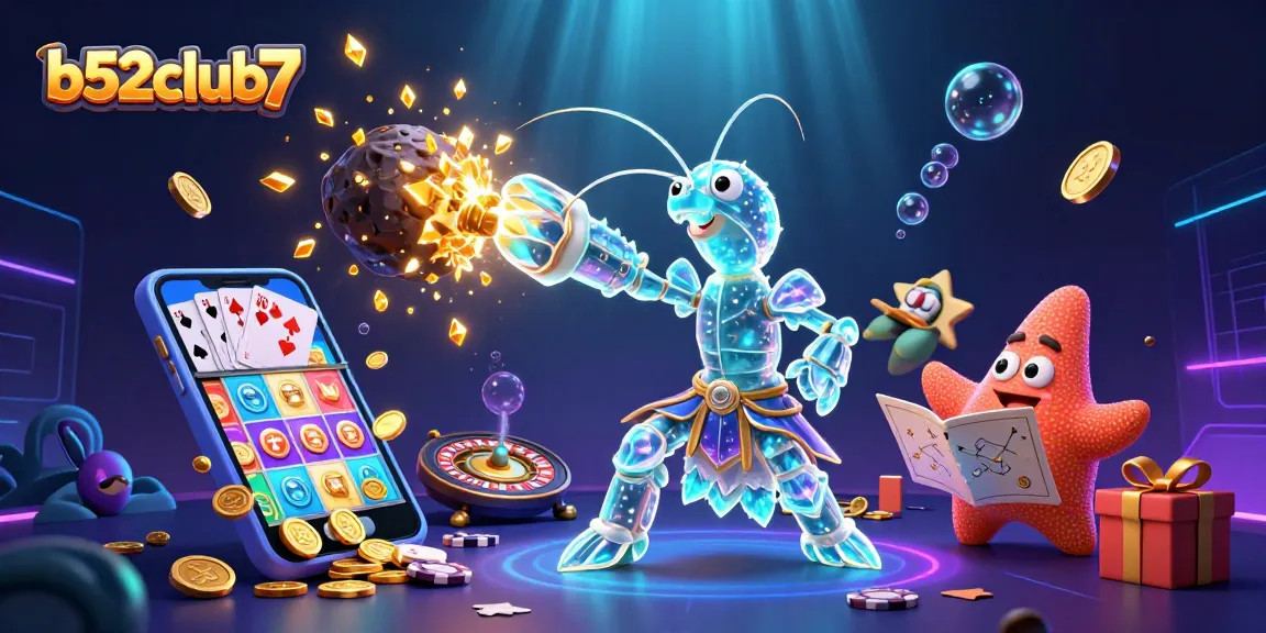 B52club7 showcases a galactic samurai mantis shrimp in action among vibrant slot game elements.