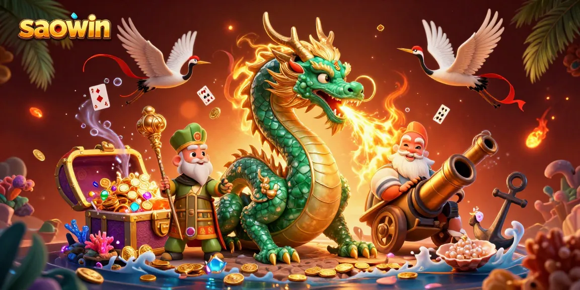Play exciting games at Saowin, a vibrant illustration filled with dragons and luck.