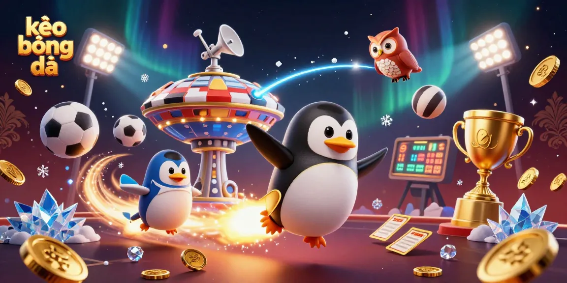 Bet on kèo bóng đá with an exciting space-themed illustration featuring a penguin and sports elements