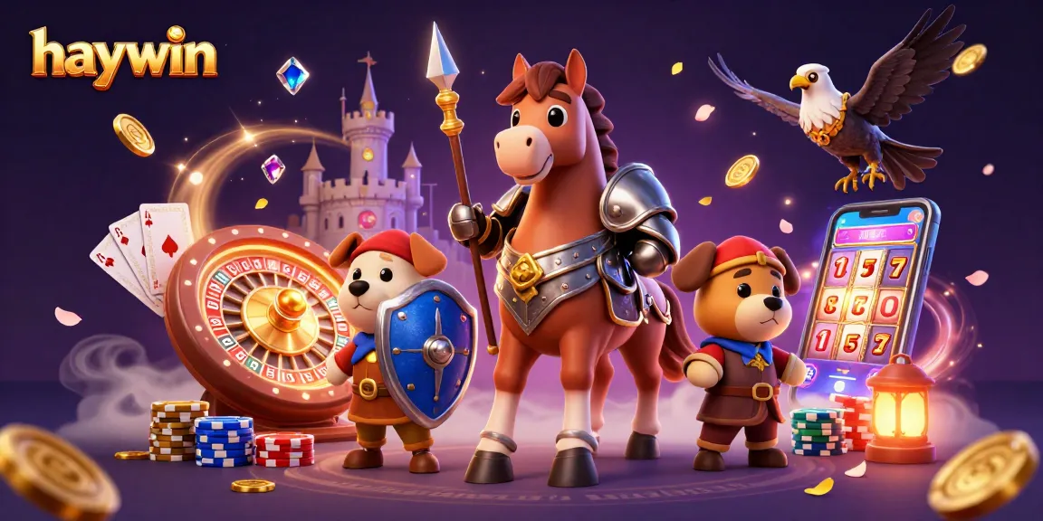 Experience thrilling gaming at Haywin with a medieval knight, squire puppy, and magical elements.