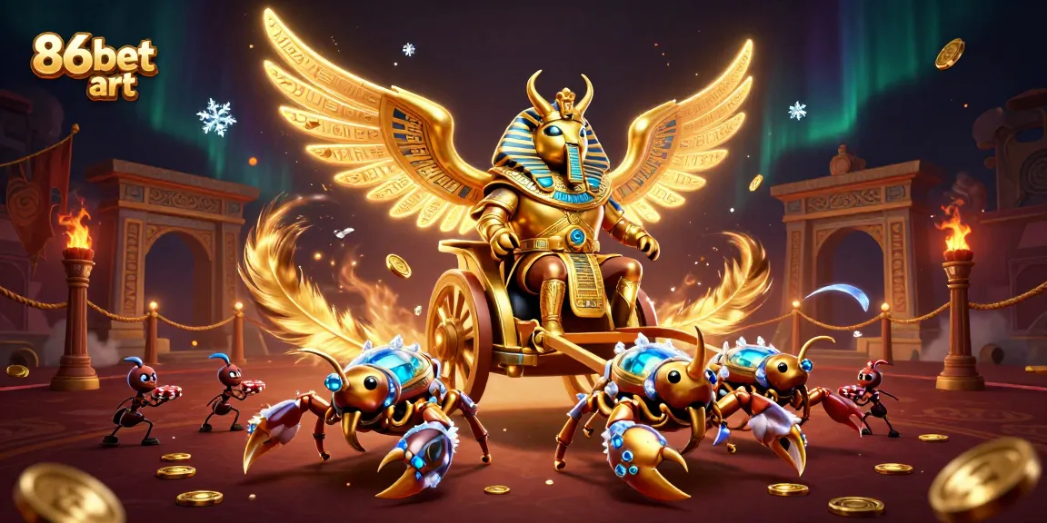 Engage with the striking 86bet art scene of a colossal golden scarab beetle amidst casino elements.