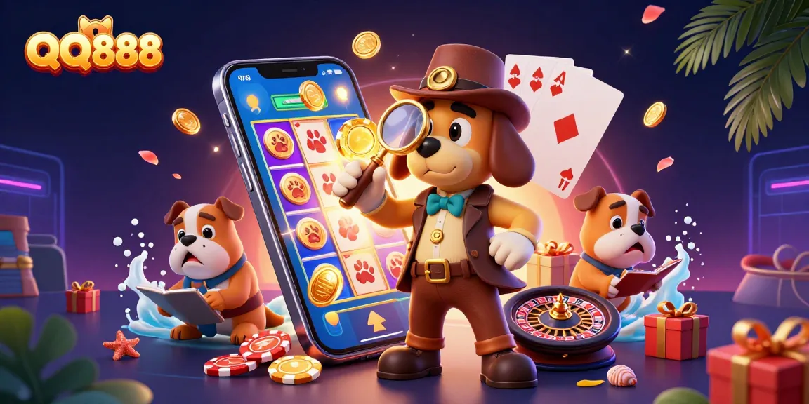 Experience QQ888 through an engaging scene with detective characters discovering treasures in a vibrant casino.