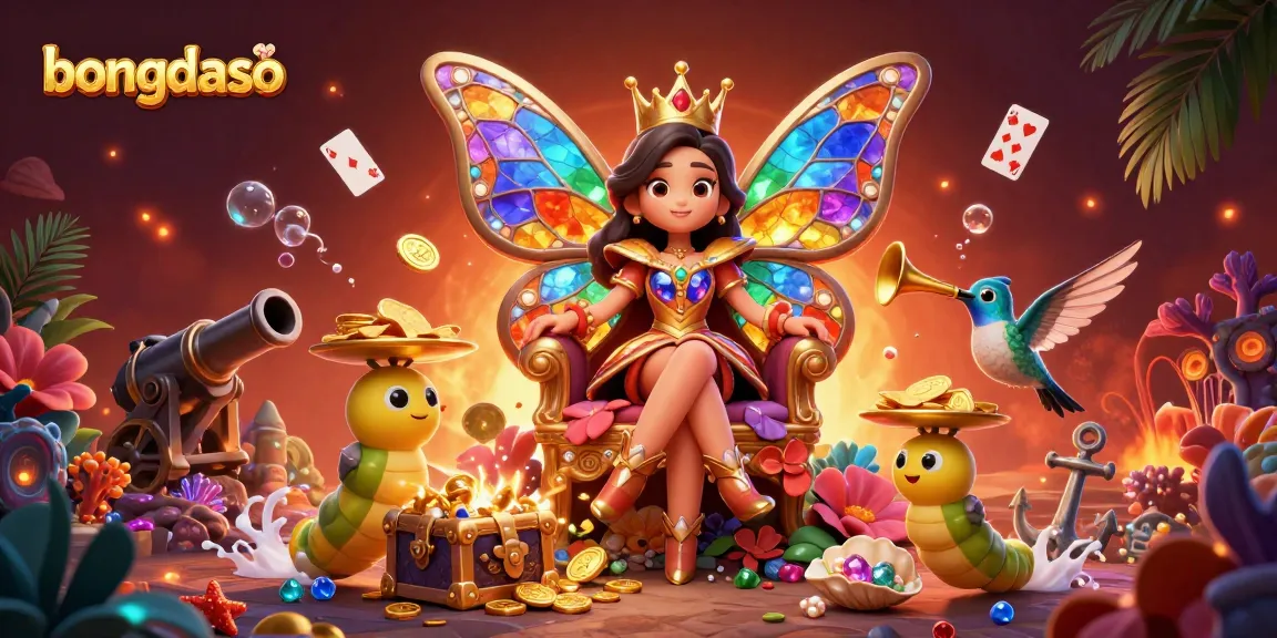 Bongdaso showcases a vibrant 3D butterfly queen in a colorful casino scene, surrounded by rich game elements.