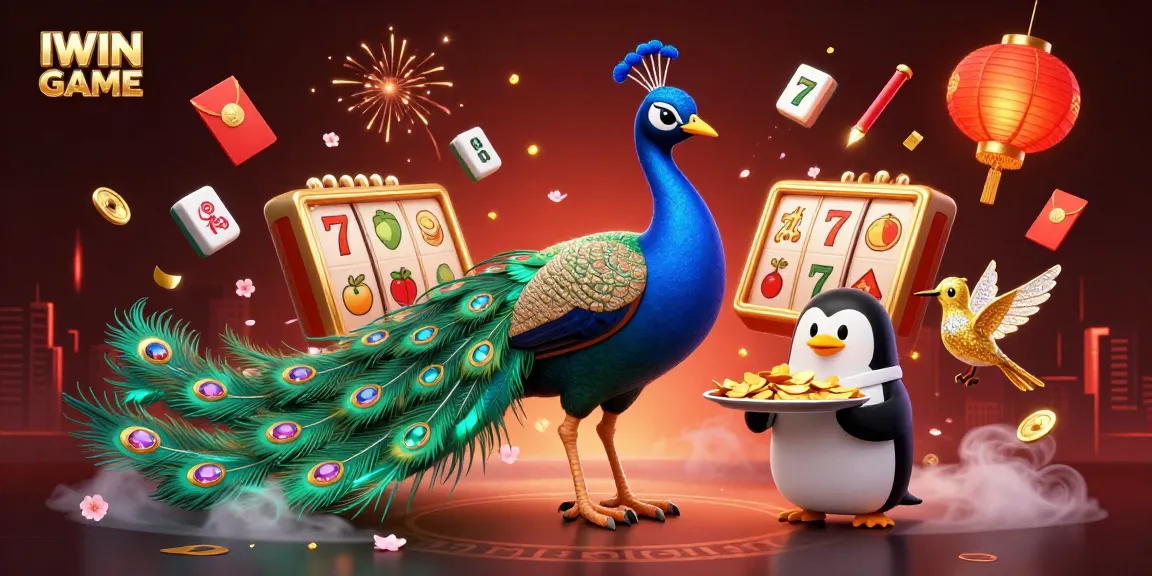 IWIN GAME showcases a vibrant casino scene featuring a majestic peacock and a butler penguin amidst spinning slot reels and floating emojis.