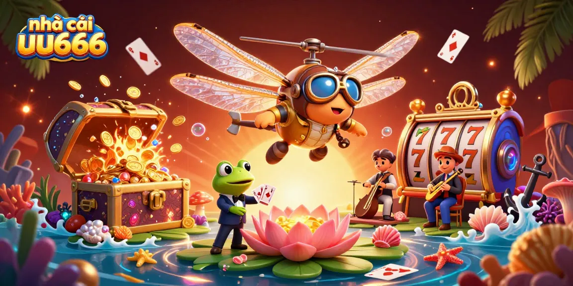 Experience excitement with nhà cái uu666 at a dynamic lily pad casino featuring a dragonfly pilot and frog croupier.
