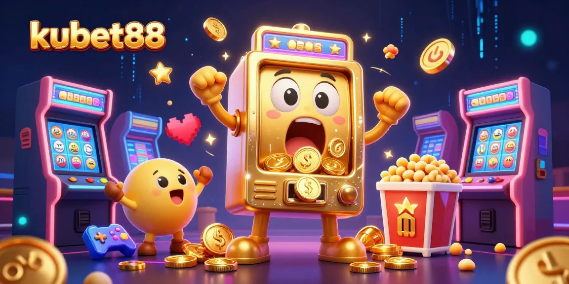 Join the excitement at kubet88 as the slot machine hits a jackpot surrounded by cheering characters!