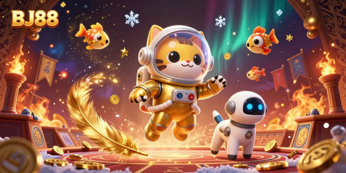 BJ88 immerses gamers in thrilling adventures with a cat astronaut, robot dog, and vibrant gaming elements.