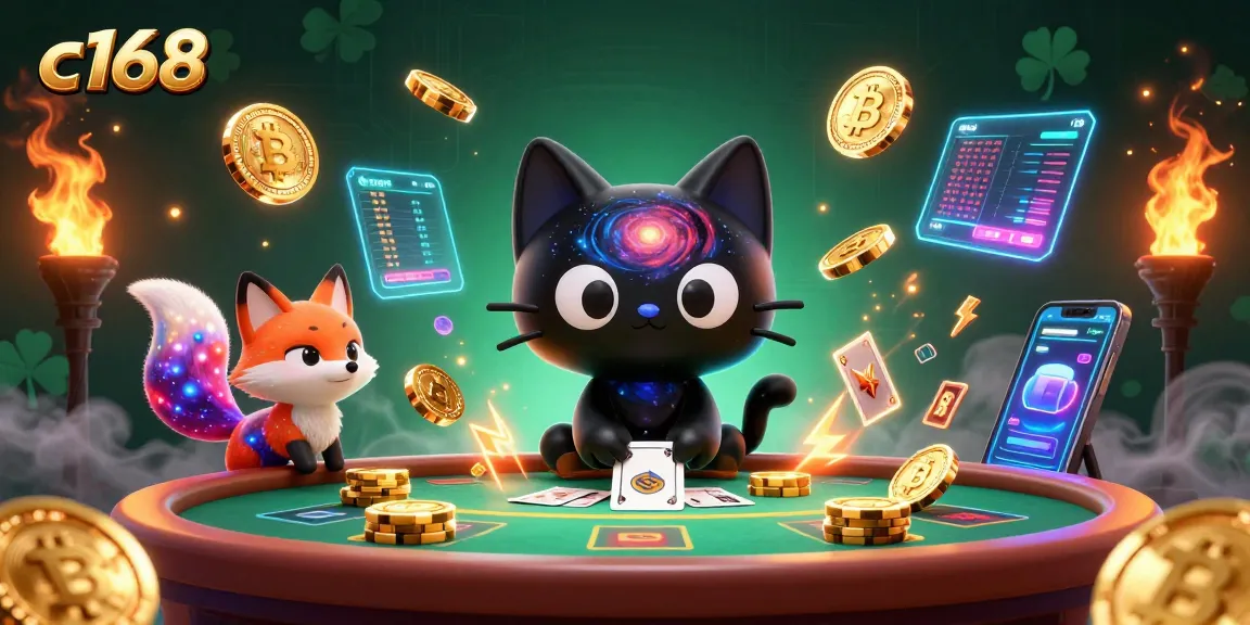 Engage with the thrilling world of c168 as a cosmic cat spins winning chips and cards amidst vibrant digital elements.
