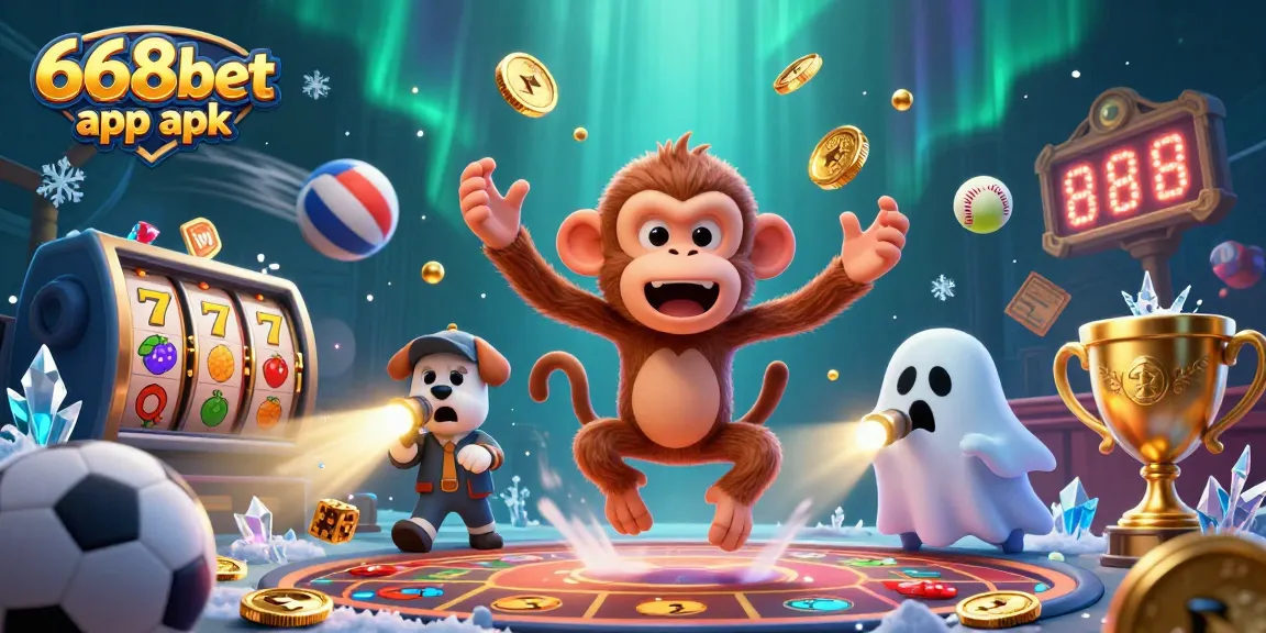 Experience the excitement of the 668bet app apk in a lively casino scene with playful characters and thrilling elements.