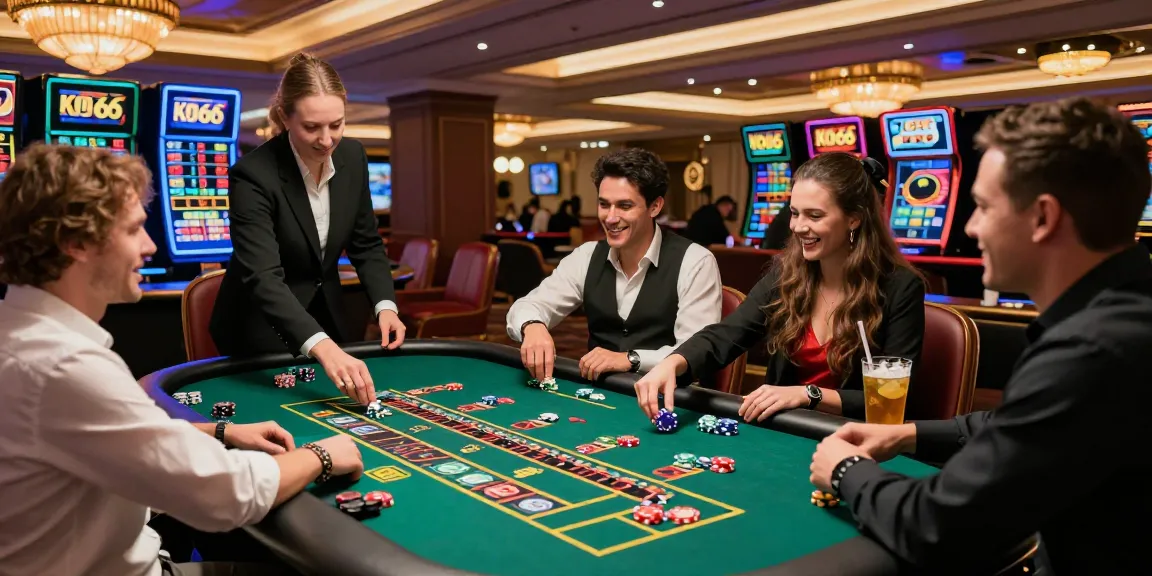 KO66 Casino gaming scene with diverse players enjoying vibrant table games and celebrating wins.