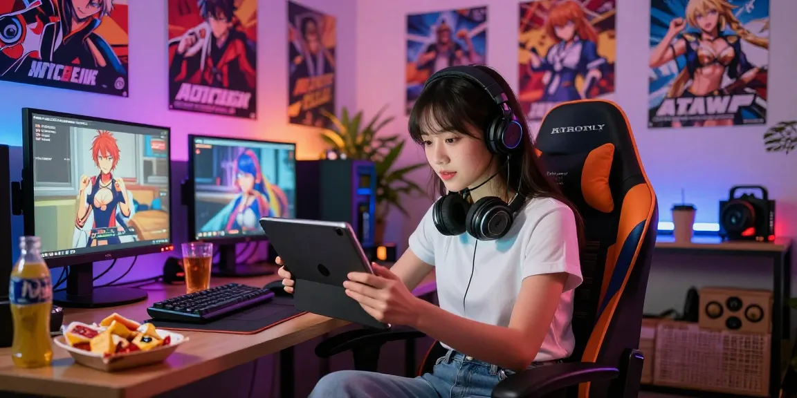 Engaging young woman playing ecchi games online in a vibrant gaming room.