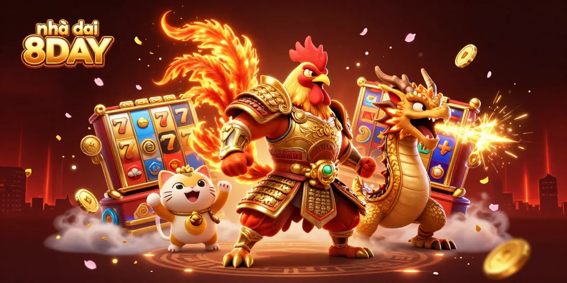 Experience the thrilling world of Nhà cái 8DAY with vibrant slot elements and dynamic 3D characters.