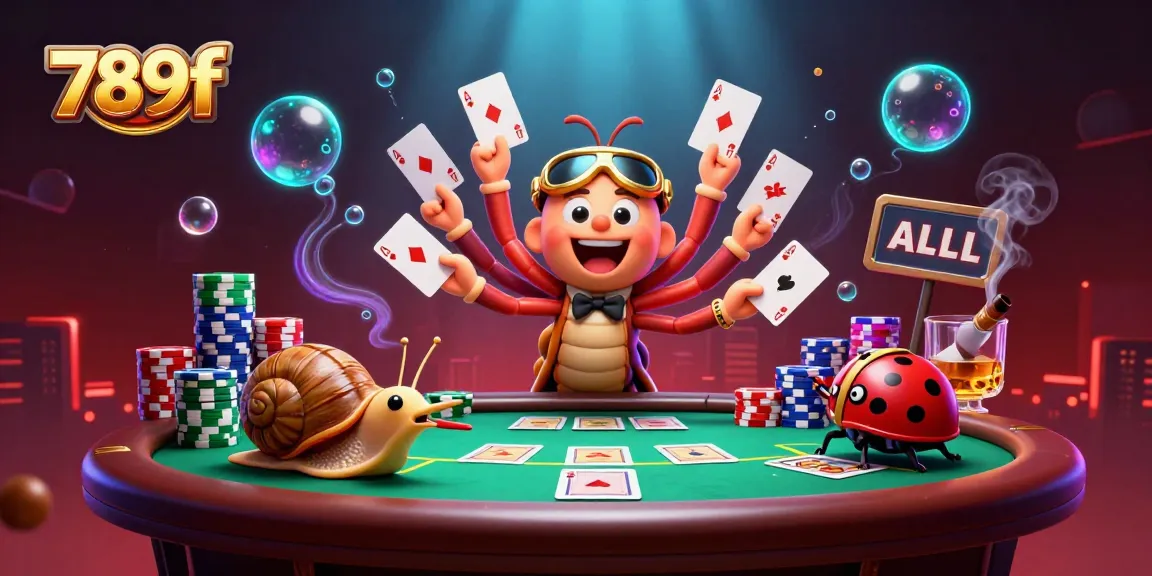 Engage in thrilling gameplay at 789f with a lively 3D casino scene featuring a cartoon millipede dealer and eager high-roller.
