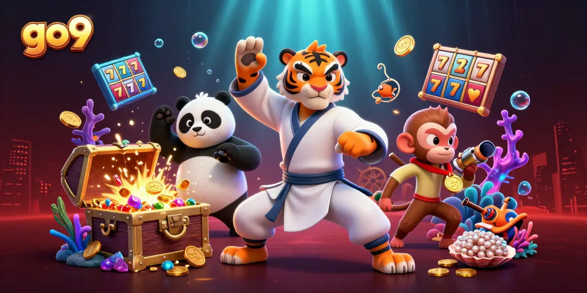 Experience exciting wins at go9 with a vibrant 3D scene showcasing a kung fu tigers and playful characters in action.