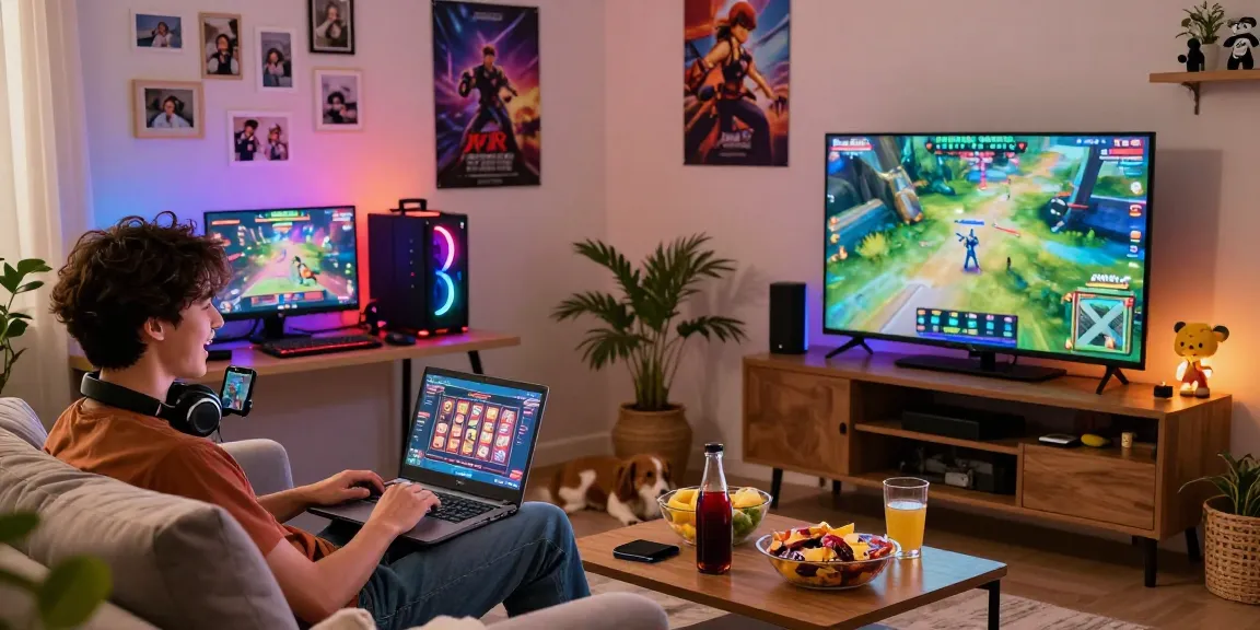 Situs slot deposit 10 ribu gaming scene, player enjoying vibrant online slot games in cozy living room.
