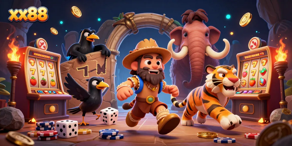 Spin the reels at xx88's prehistoric casino with cavemen and slot machines!