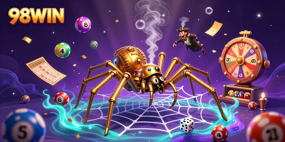 Experience thrilling gameplay at 98WIN with an engaging 3D casino illustration showcasing lively lottery elements.