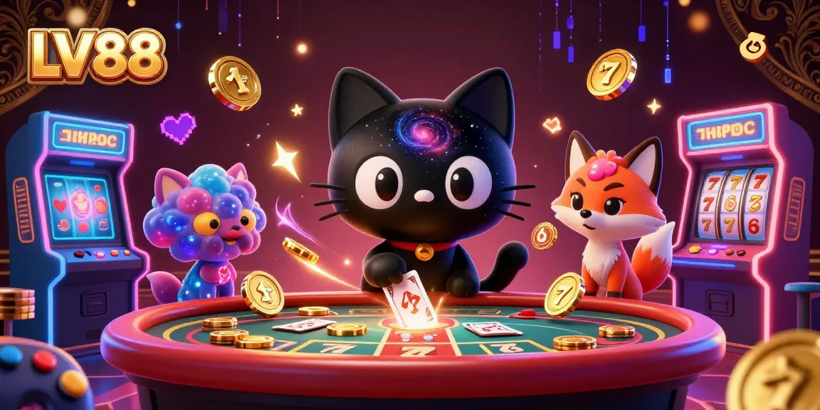Experience immersive gaming with LV88's cosmic casino featuring a black hole cat and nebula fox.