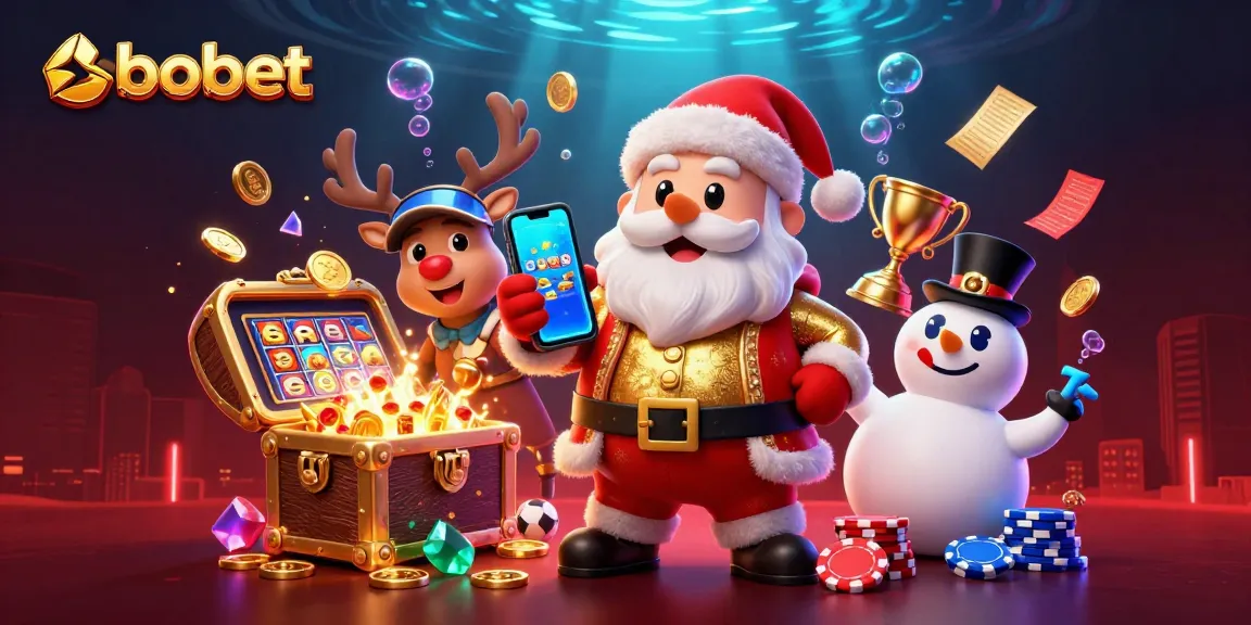 SBOBET casino illustration featuring a festive Santa with technology and gaming elements.