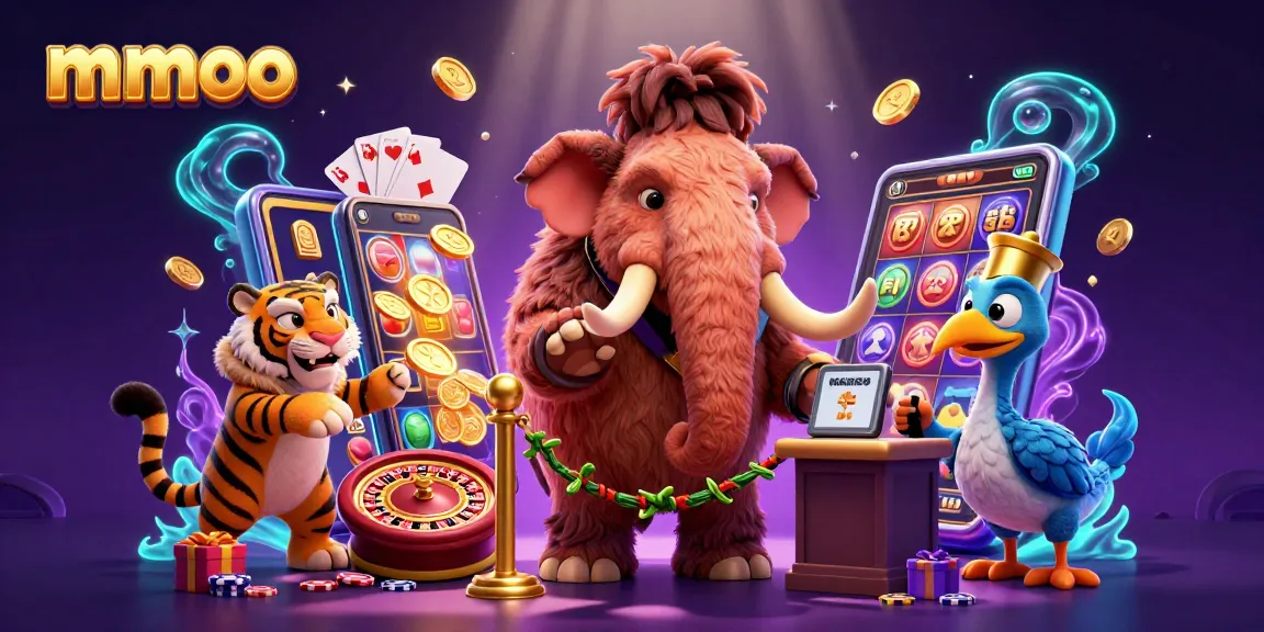 Experience mmoo’s vibrant slot games with this colorful casino scene featuring unique characters.