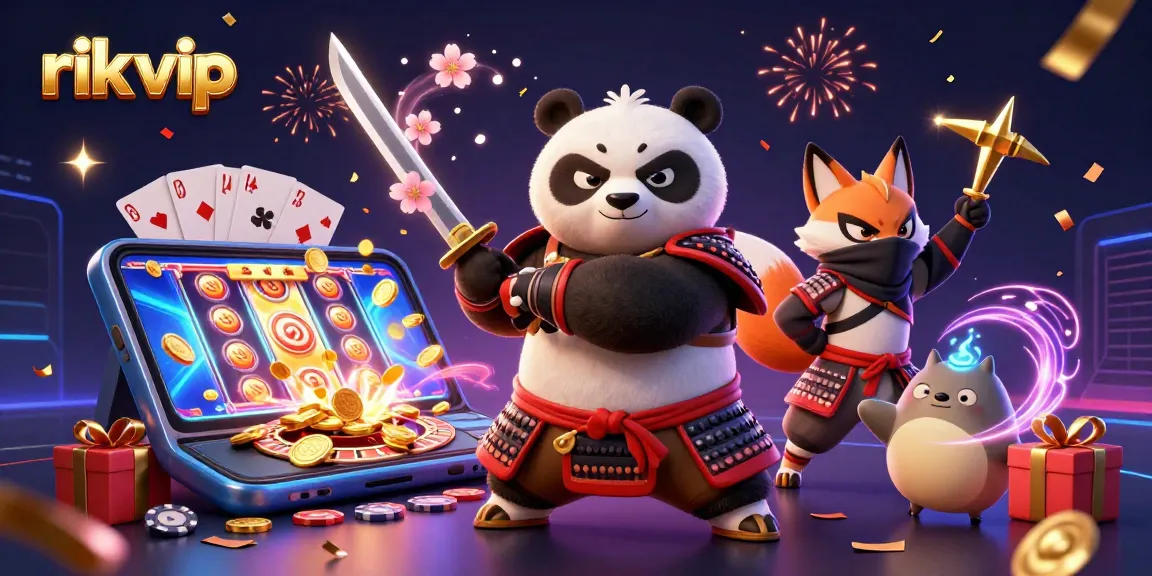 Experience the excitement of rik vip's casino with a thrilling 3D illustration featuring samurai panda and friends.