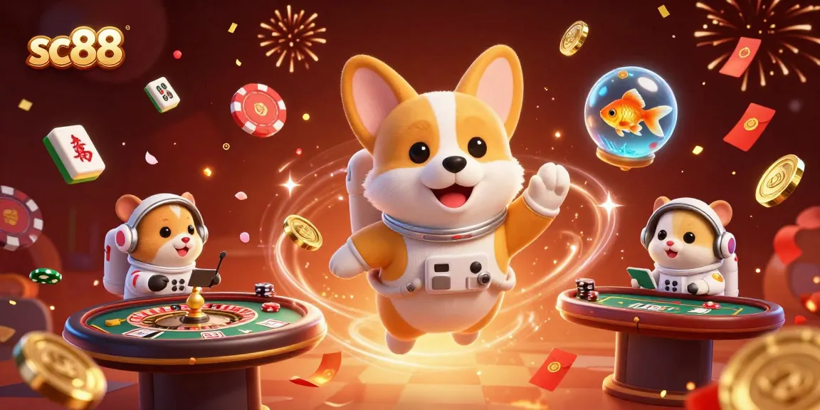 Engage with sc88's thrilling casino atmosphere featuring a floating astronaut corgi in an animated space casino.