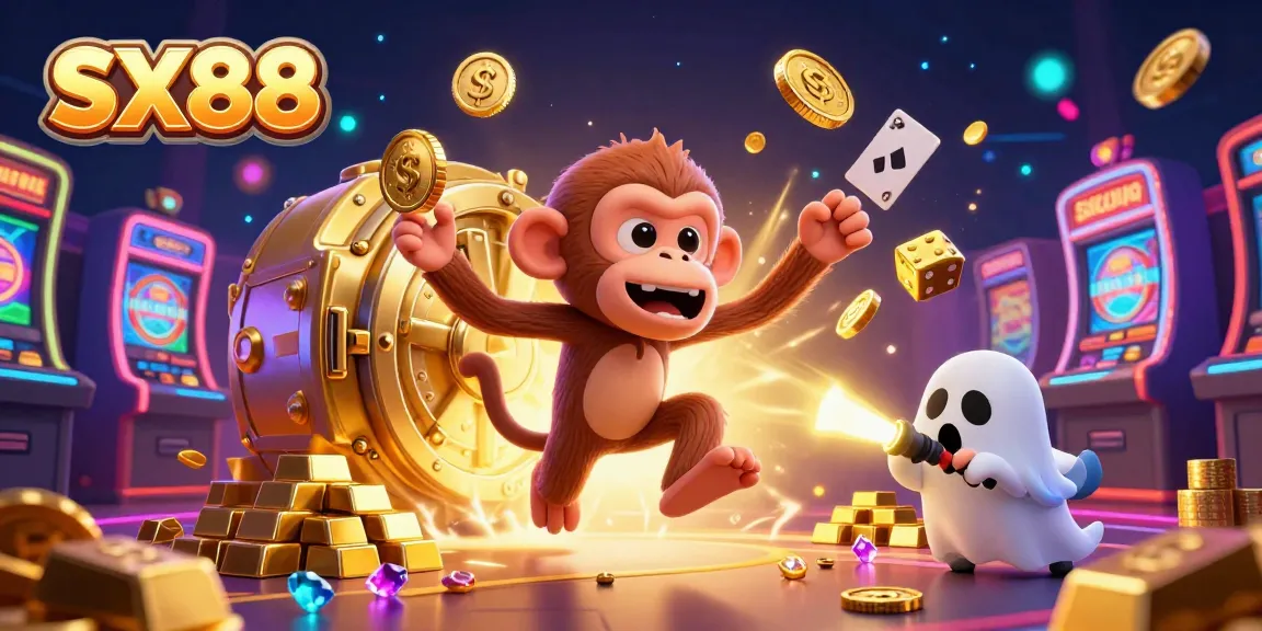 SX88 casino excitement with a whimsical poltergeist monkey juggling golden coins and a curious puppy tracking it.