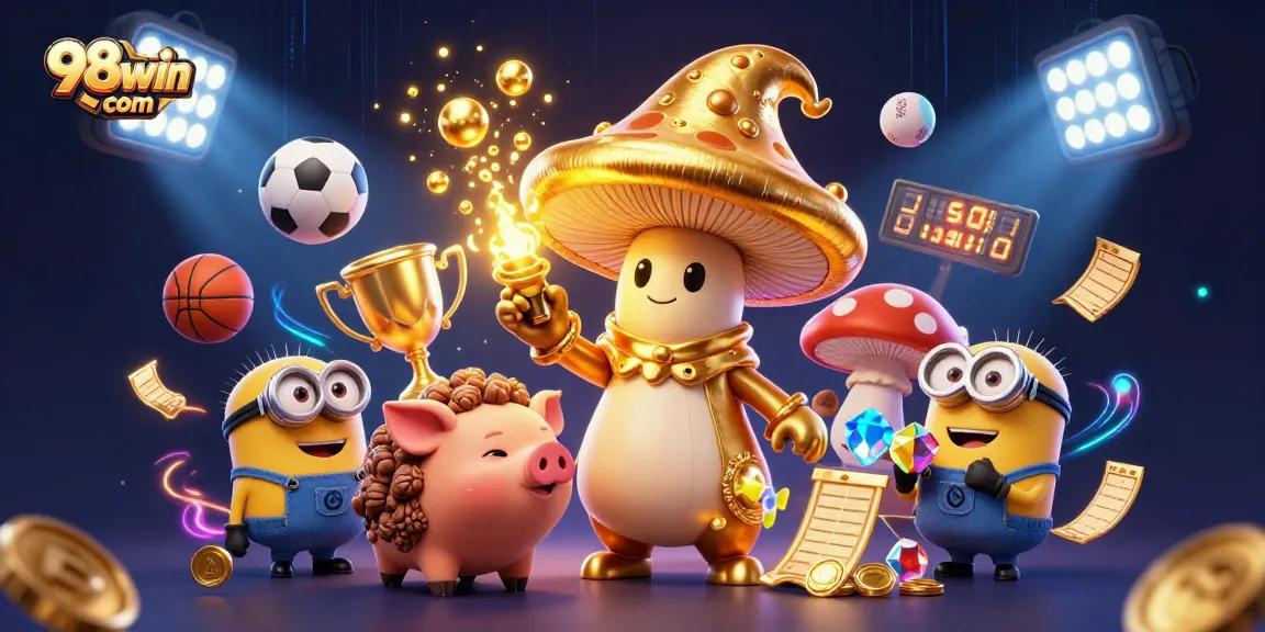 Join the excitement at 98win com, where the golden wizard and treasures abound in this thrilling casino illustration.