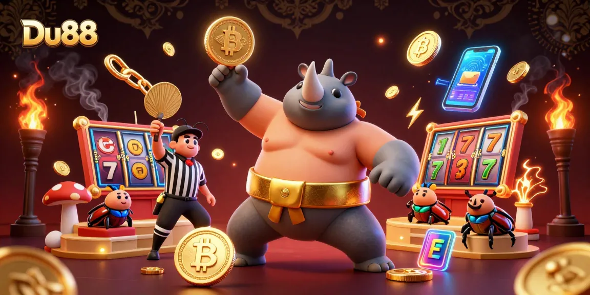 Engage in thrilling gameplay with Du88 featuring a sumo champion beetle surrounded by bitcoin and coins.