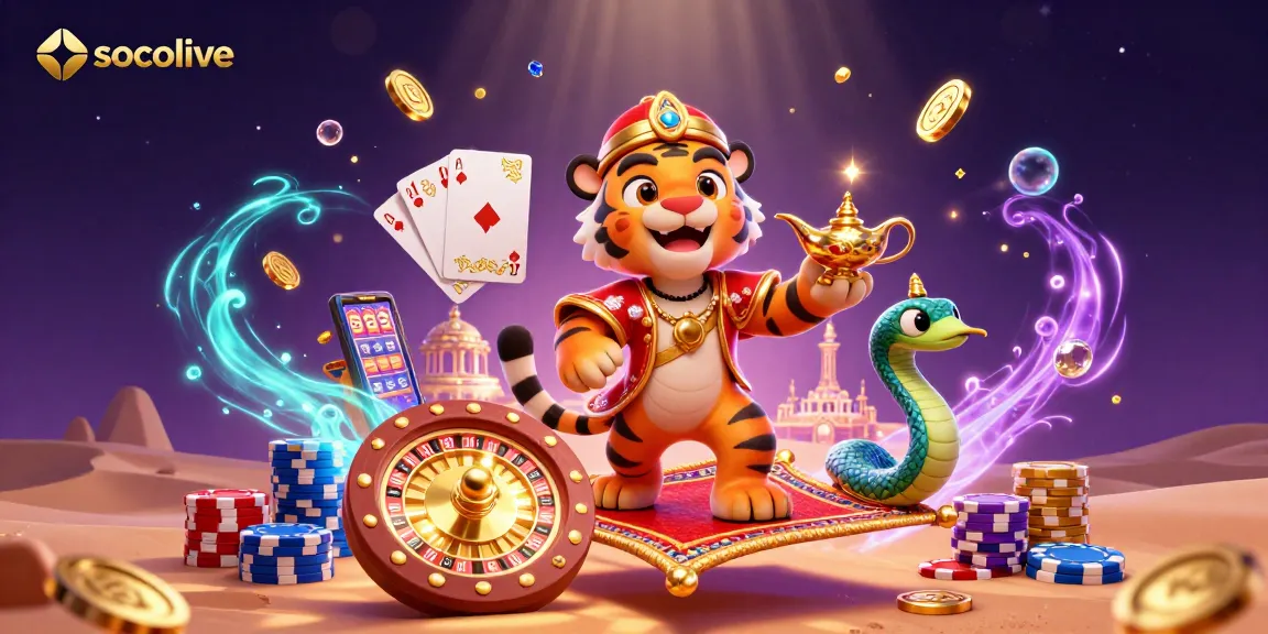Socolive's top live betting features depicted in a vibrant 3D casino illustration, showcasing various gaming elements and character interactions.
