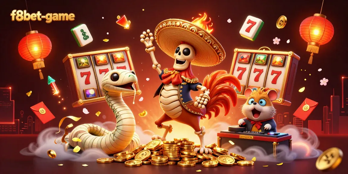 Experience f8bet-game thrills with a vibrant 3D illustration of a festive victory dance amidst exciting casino elements.