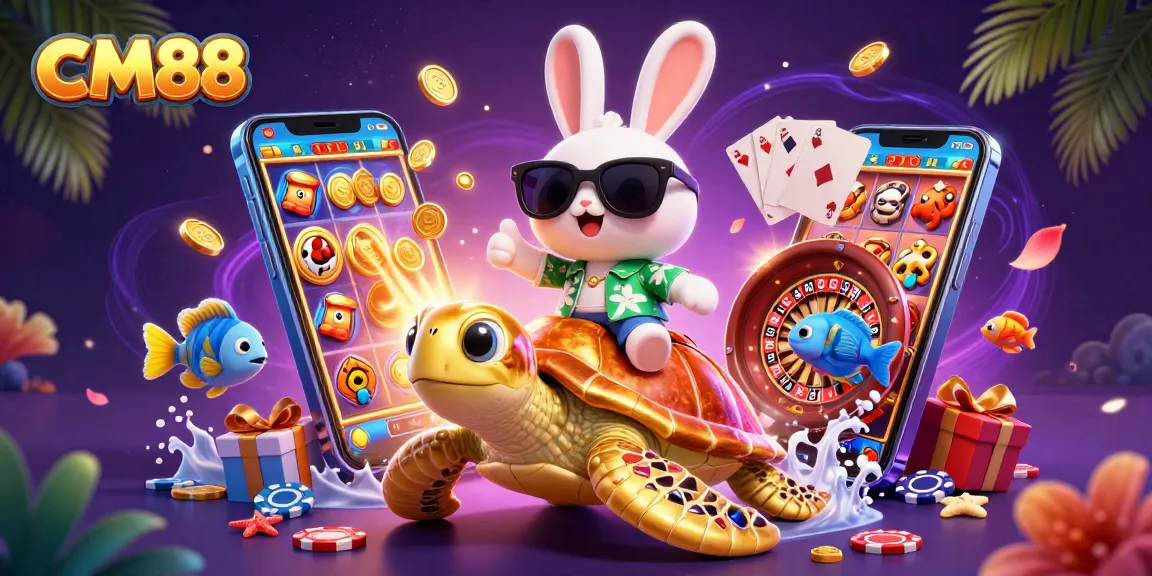 CM88 showcases 3D cartoon characters enjoying a vibrant casino gaming experience.