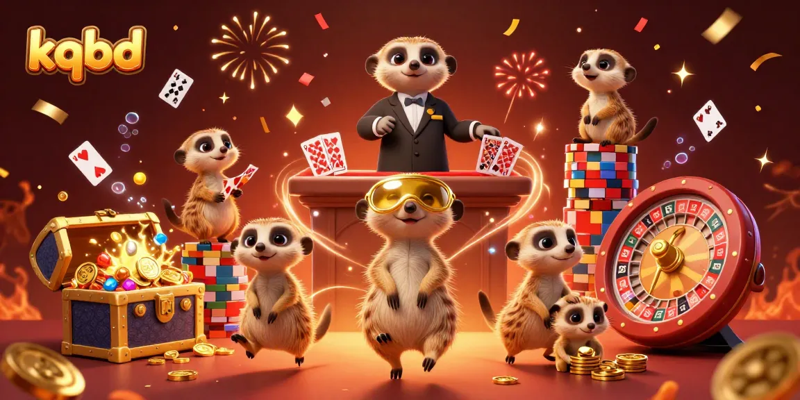 KQBD showcases a dynamic casino scene with meerkats engaging in exciting gambling activities, including roulette and festive elements.