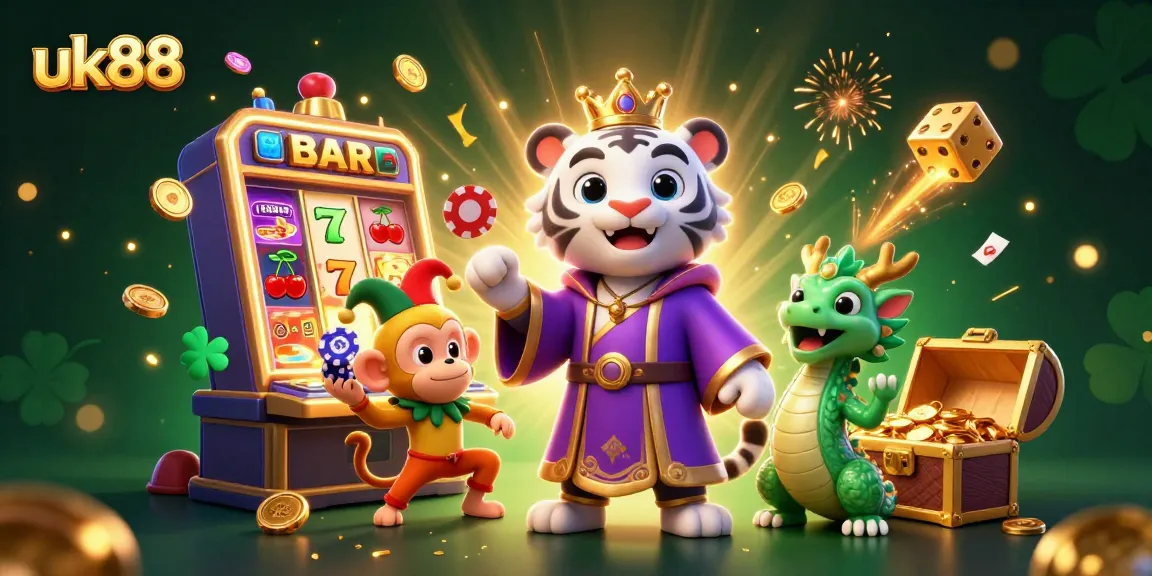 Experience high-stakes gaming with uk88’s captivating casino illustration featuring vibrant slot machines and rich prizes.