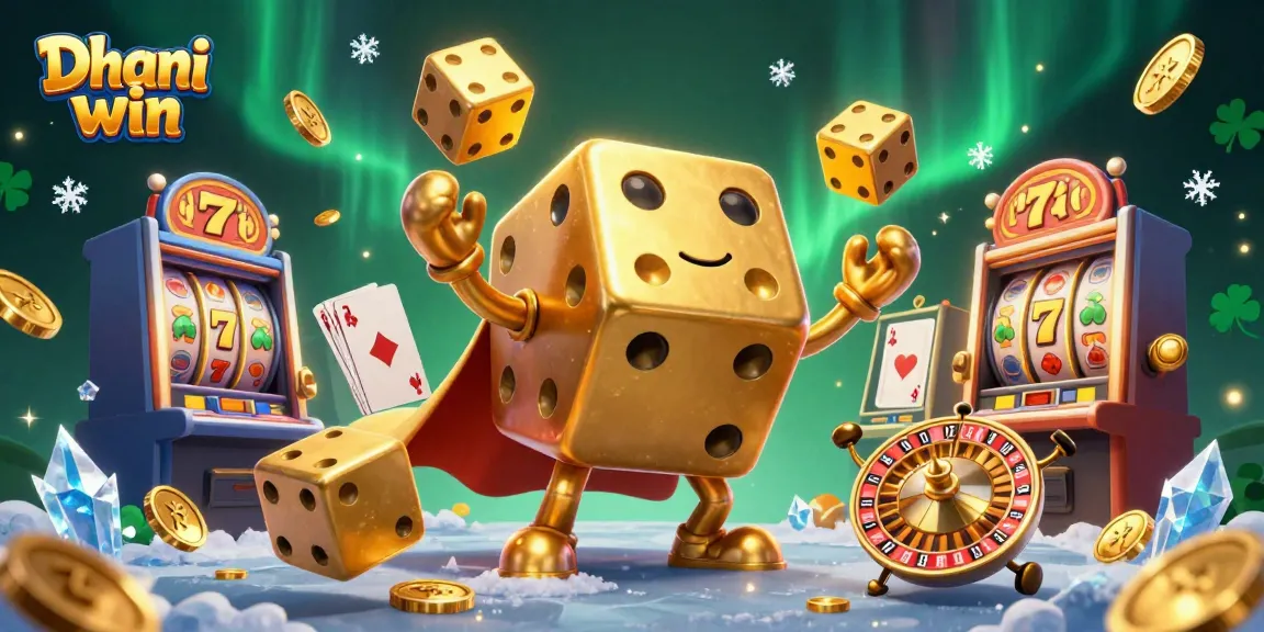Dhani win showcases a vibrant casino experience with a golden dice golem and dynamic slot elements.