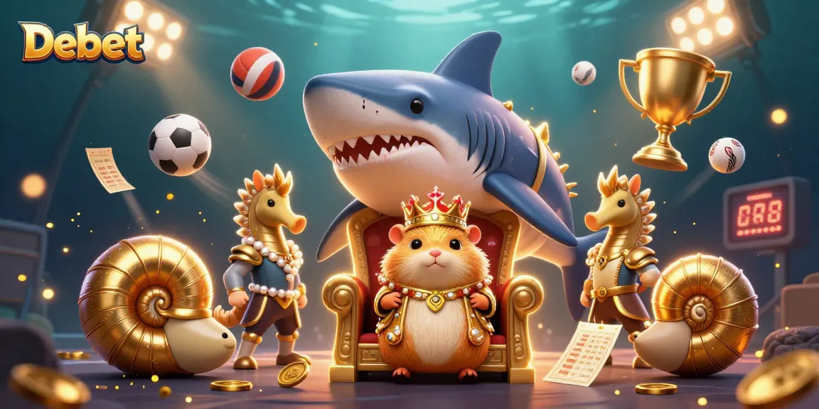 Bet on Debet with a vibrant underwater scene featuring a golden hamster king and dynamic sports elements.