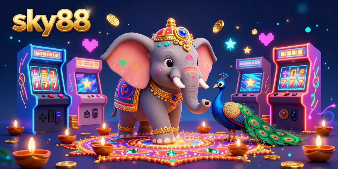Engage in thrilling gameplay with sky88, featuring a lively scene of a Diwali-themed elephant and arcade game elements.