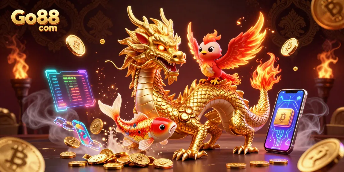 Play exciting games at Go88 com with a golden dragon and glowing treasures surrounding thrilling elements.