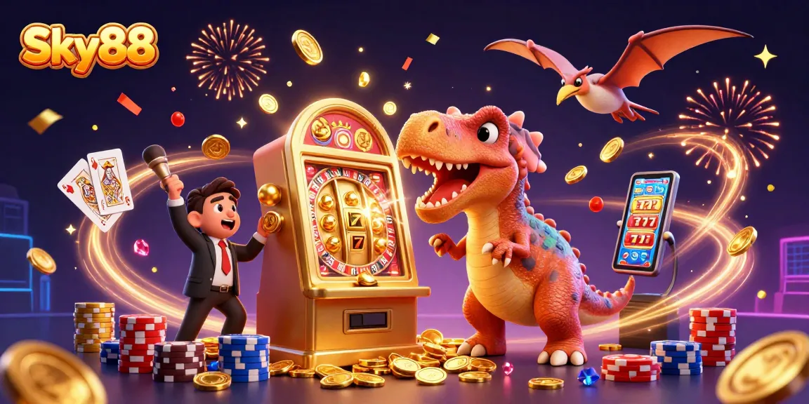 Sky88 casino scene with dinosaurs, celebrating jackpot wins and dynamic gaming elements.