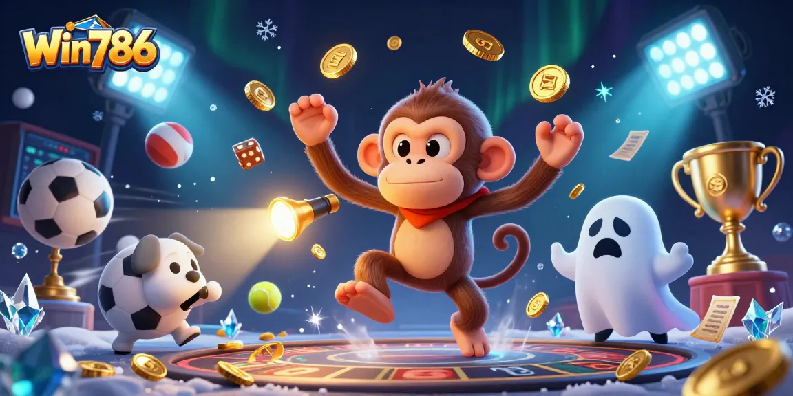 Win786 showcases spirited gambling with an energetic scene of a mischievous monkey and a curious puppy amidst sports elements.