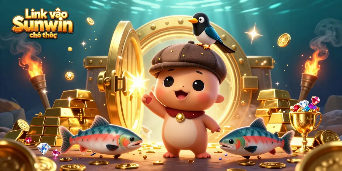 Engage with Link vào Sunwin chính thức in a vibrant 3D casino scene filled with gems and gold.