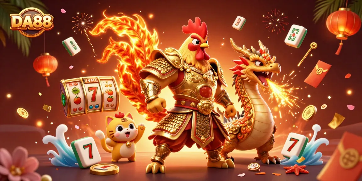 Engage with DA88 gaming excitement featuring a rooster warrior amidst rich casino elements.