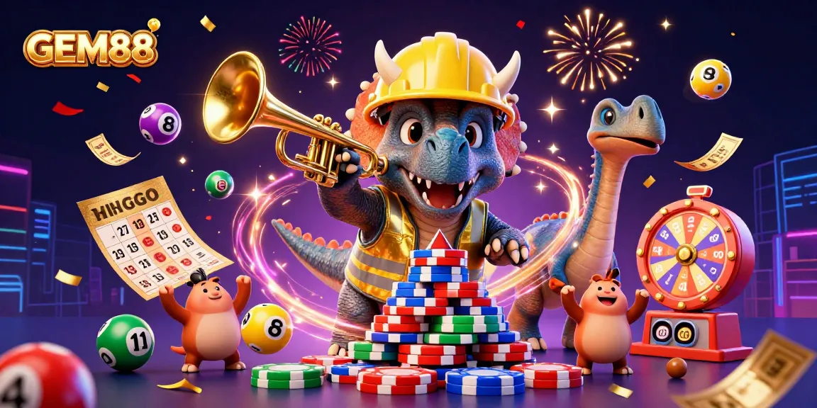Experience GEM88's vibrant gambling scene with playful dinosaurs celebrating a jackpot win amidst colorful lottery elements.