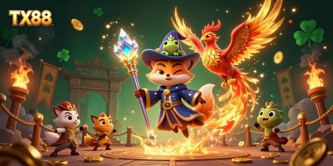 Experience TX88's captivating gaming atmosphere with a wizard fox, phoenix, and enchanting elements.