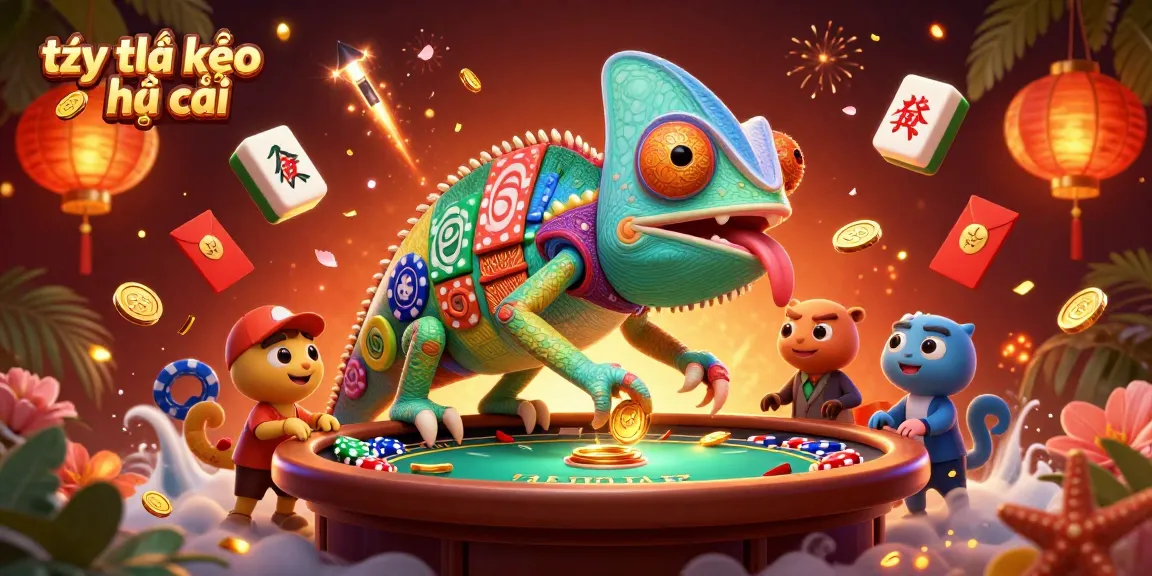 Tỷ lệ kèo nhà cái scene showcasing a vibrant chameleon casino owner surrounded by colorful gambling elements.